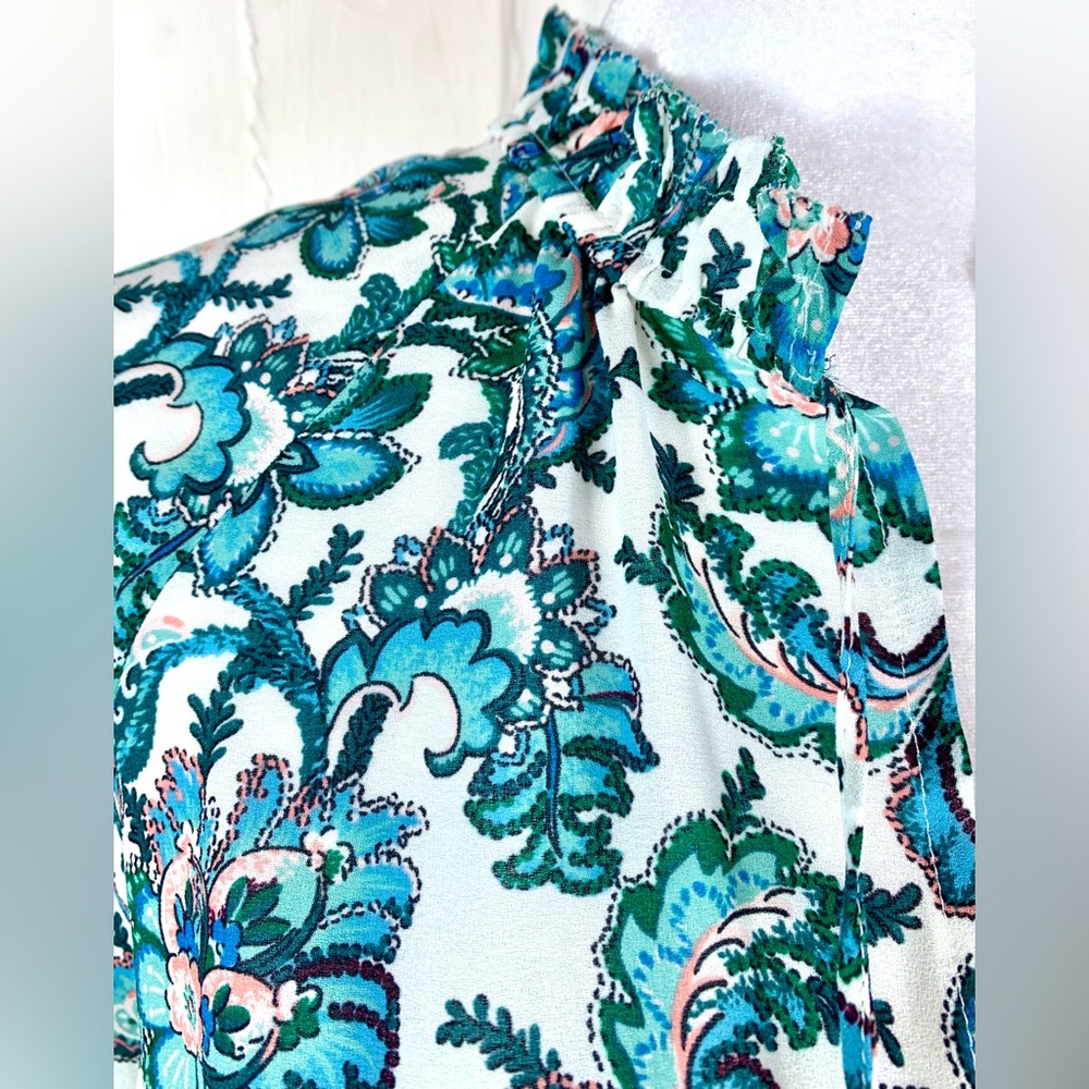 Loft Floral Paisley Ruffle Bottom Long-sleeved Blouse w/ String Tie - Picture 3 of 11